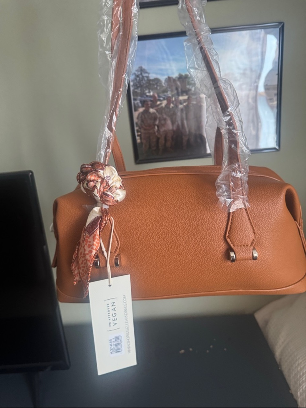 Isabelle “chic” brown vegan Leather Barrel Satchel with scarf accent